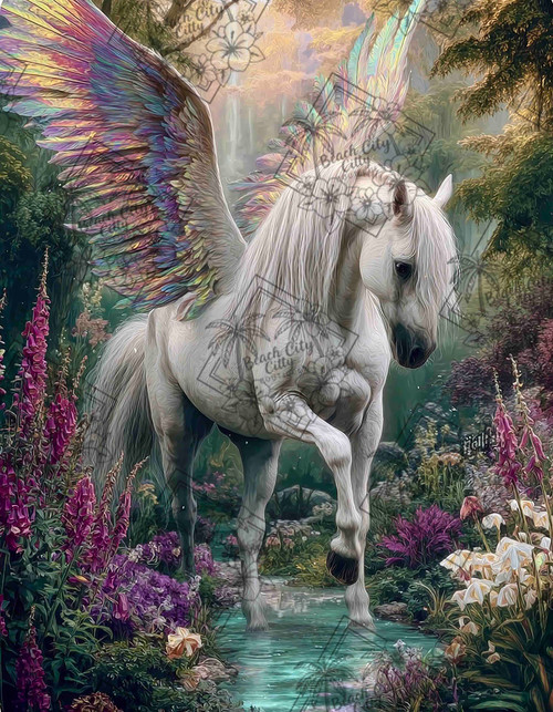 White winged pegasus with iridescent feathers in enchanted forest by Sandrietta