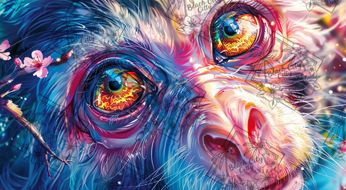 Colorful fantasy chimpanzee portrait with glowing expressive eyes and vibrant painterly details