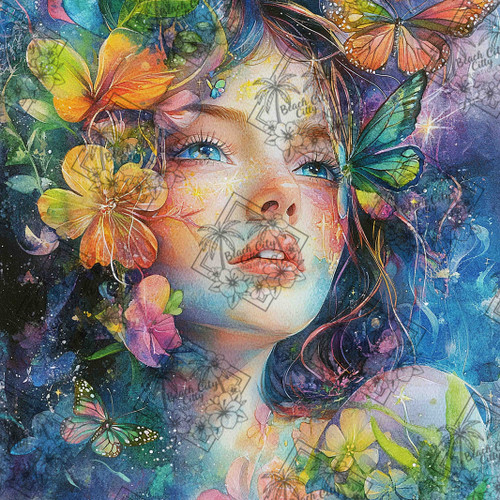 Whimsical fantasy woman with butterflies, florals, and vibrant watercolor colors