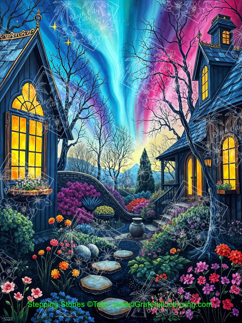 Fantasy cottage garden scene with glowing windows, stepping stone path, colorful flowers, and swirling aurora sky between two cozy houses.