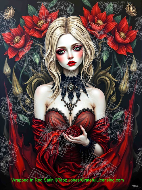 Elegant gothic fantasy portrait of a woman in flowing red satin dress surrounded by dramatic florals and dark romantic tones.