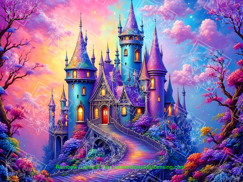 Rainbow fantasy castle with colorful towers, glowing windows, stone staircase, and vibrant clouds in a magical fairytale setting.
