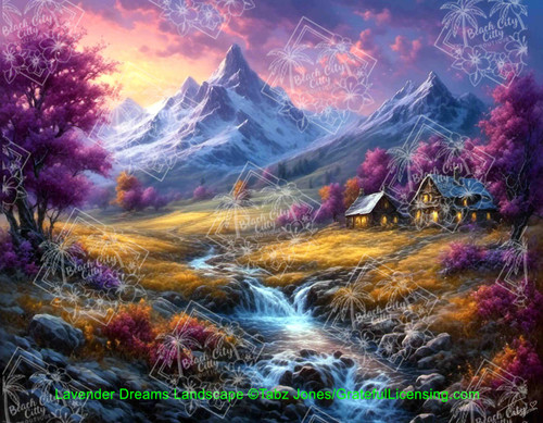 Lavender fantasy landscape with snow-capped mountains, glowing cottages, flowing stream, and purple trees under a pastel sky.