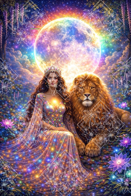 Moon goddess with majestic lion under glowing moonlight, surrounded by rainbow cosmic energy and spiritual symbolism