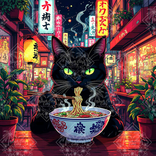 Midnight Ramen Cat diamond art design by Kelly Reins featuring a black cat with glowing green eyes eating ramen in a vibrant neon night market scene