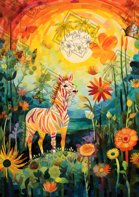 Sun Circle Zebra diamond art design by Nadaya Illustrations, exclusive licensed artwork for Beach City Boutique featuring a stylized zebra standing in a radiant sunlit meadow with butterflies and flowers