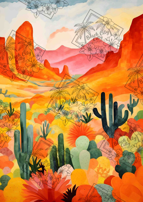 Desert Bloom diamond art design by Nadaya Illustrations, exclusive licensed artwork for Beach City Boutique featuring a colorful desert landscape in bloom