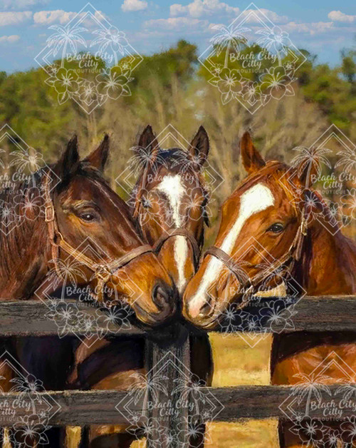Three Country Hearts horse artwork by Kristin Schwenke Block showing three horses leaning together at a pasture fence, exclusive Beach City Boutique equestrian design