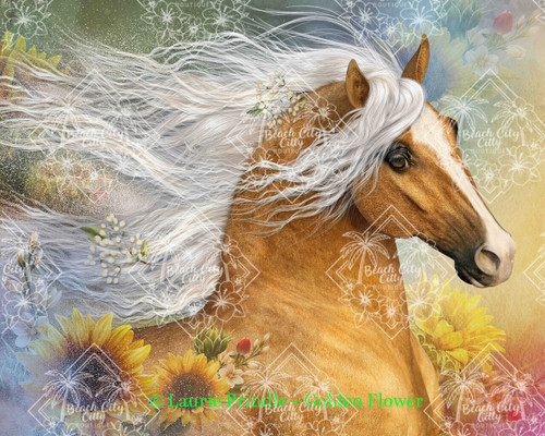 Golden Flower horse artwork by Laurie Prindle featuring a flowing white-maned palomino surrounded by sunflowers and soft pastel light, exclusive diamond art kit at Beach City Boutique