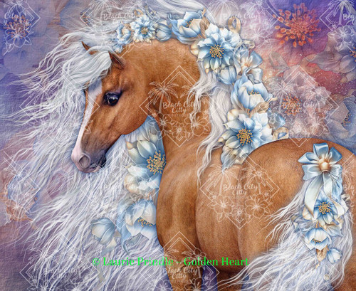 Golden Heart horse artwork by Laurie Prindle featuring a golden horse adorned with soft blue flowers and flowing white mane in a romantic pastel background