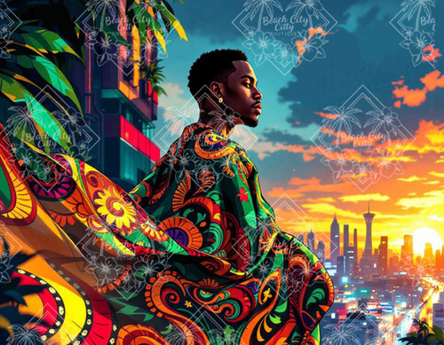 Between Two Worlds by Natasha Muir exclusively licensed to Beach City Boutique featuring a man overlooking a city at sunset