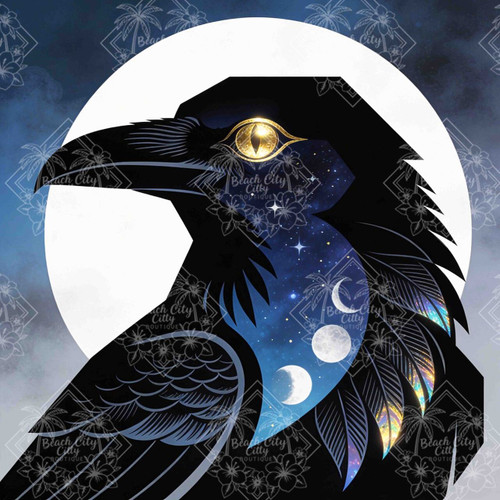 Stylized raven silhouette with galaxy sky and moon phases glowing within its body against a full moon.