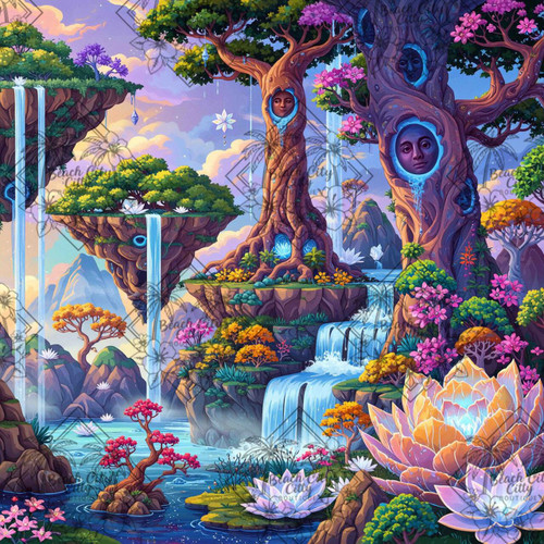 Floating island sanctuary with waterfalls, mystical face trees, lotus flowers and glowing crystals.