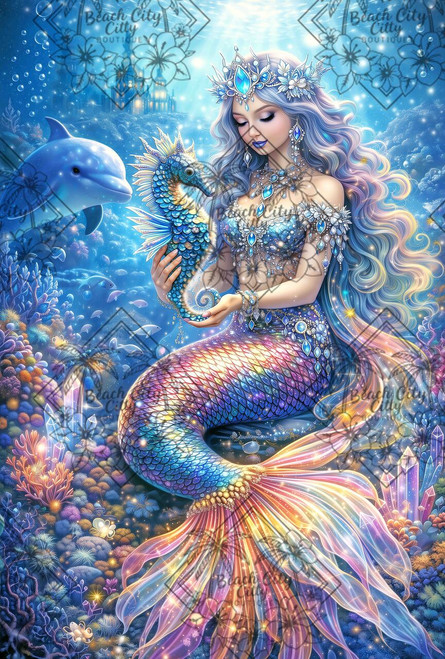 Beautiful mermaid with rainbow iridescent tail holding a glowing seahorse underwater with dolphins and crystal coral reef.