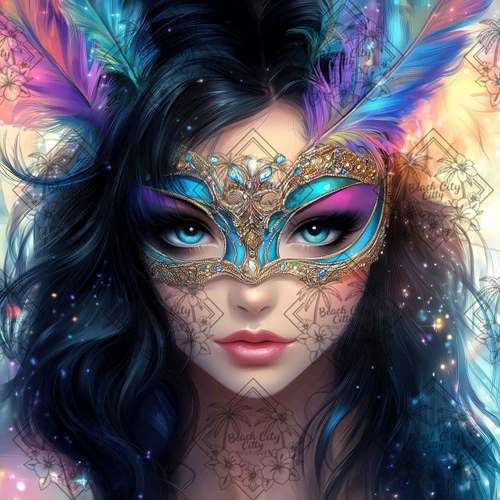Close-up portrait of a woman wearing a teal and gold masquerade mask with vibrant feather accents and glowing sparkles.