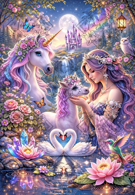 Fantasy scene with unicorn mother and foal, princess, castle, swans, waterfall, rainbow, and glowing crystals under a full moon.