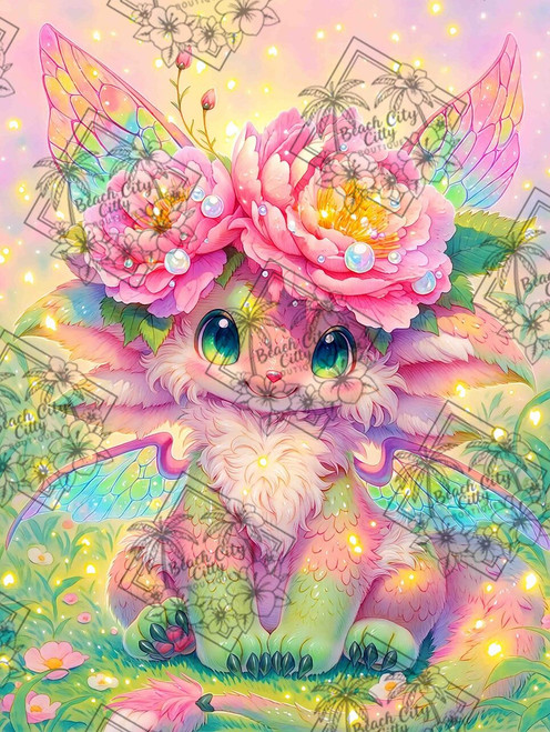 Cute pastel fantasy creature with big green eyes, flower crown, and rainbow wings glowing with soft sparkles.