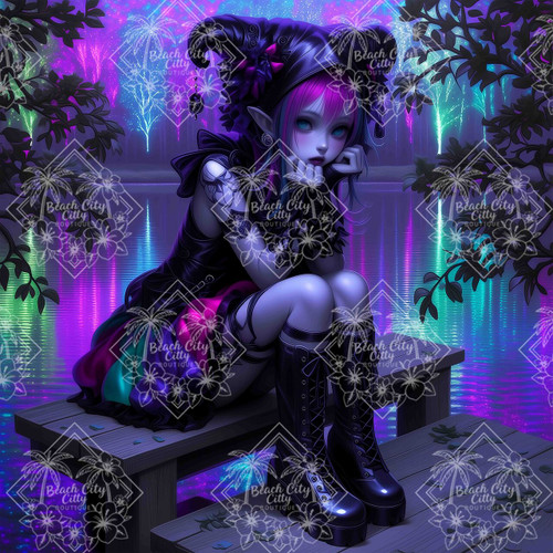 Gothic elf girl with pink hair sitting on a wooden dock beside glowing neon lake under colorful night sky.