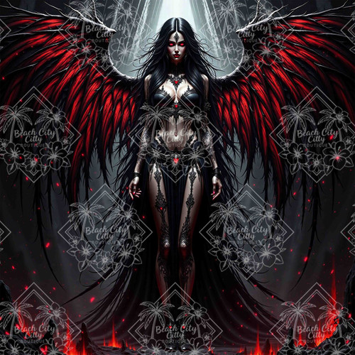 Dark gothic angel with large red and black wings standing in dramatic fiery setting.