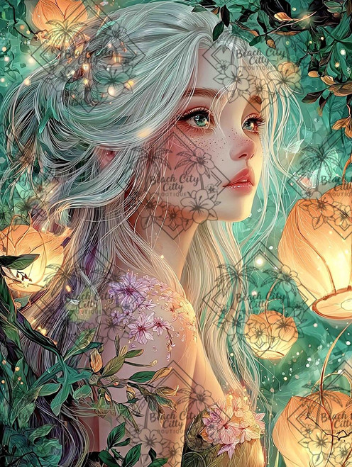 Ethereal fairy girl with flowing white hair surrounded by glowing lantern flowers, butterflies, and magical forest light.