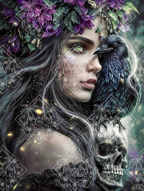 Dark fantasy woman with emerald eyes beside raven perched on skull surrounded by flowers and glowing sparks.