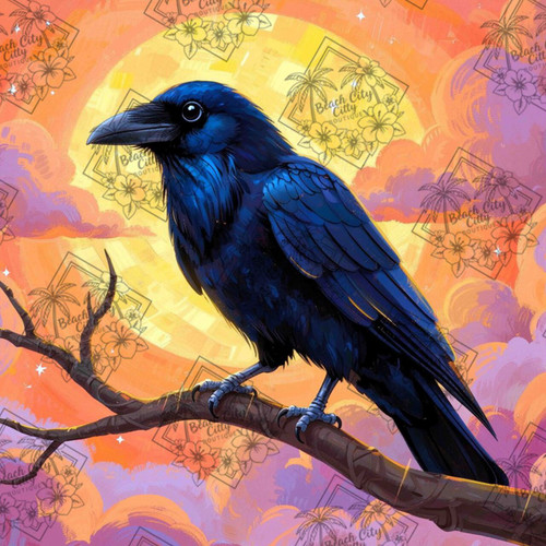 Blue raven perched on a tree branch with glowing golden sun and colorful clouds in a vibrant sky.
