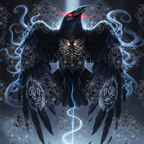 Dark raven with glowing red eye and mystical symbols on wings spreading dramatically in gothic atmosphere.