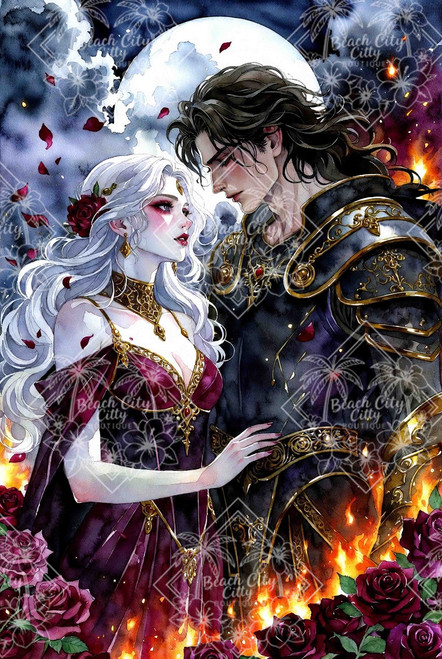 Dark romantic fantasy couple inspired by Ares and Aphrodite under full moon with black armor, crimson gown, roses, and flames.