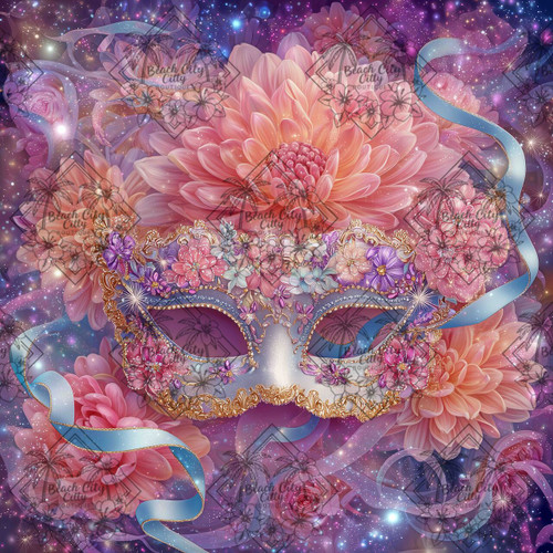 Elegant masquerade mask surrounded by blooming flowers, sparkling stars, and flowing ribbons in a dreamy fantasy scene.
