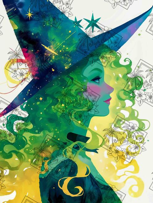 Green witch portrait with emerald curls and starry hat, inspired by Wizard of Oz fantasy art, vibrant magical illustration