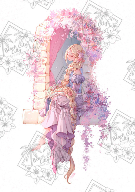 Rapunzel illustration by Hada De Incognito showing a princess with long braided hair sitting in a tower window surrounded by flowers