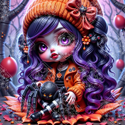 Cute gothic doll girl with purple hair holding a black spider in an autumn forest, whimsical dark fantasy illustration by Taza Creations.