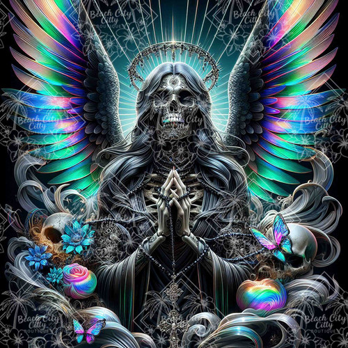 Dark gothic angel skeleton with radiant rainbow wings surrounded by skulls, butterflies, and glowing light by Taza Creations.