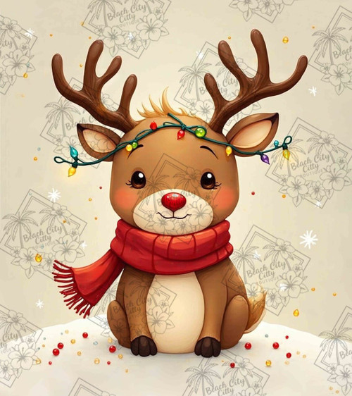 cute Christmas reindeer wearing red scarf and holiday lights sitting in snow kawaii style crystal diamond painting illustration by Kelly Reins