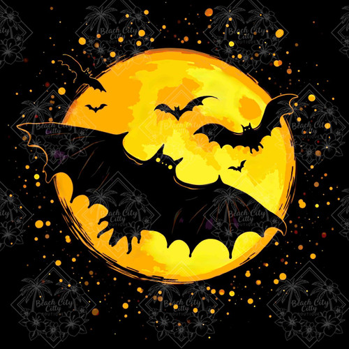 bats flying across glowing full moon Halloween crystal diamond painting illustration by Kelly Reins
