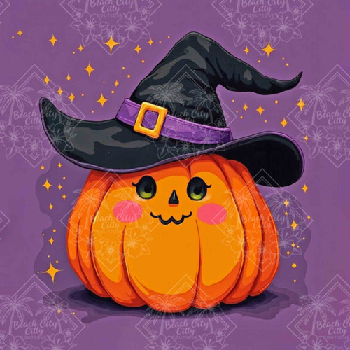 cute pumpkin wearing witch hat with sparkles Halloween crystal diamond painting illustration by Kelly Reins