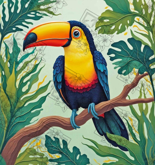 colorful toucan bird on jungle branch crystal diamond painting illustration by Kelly Reins