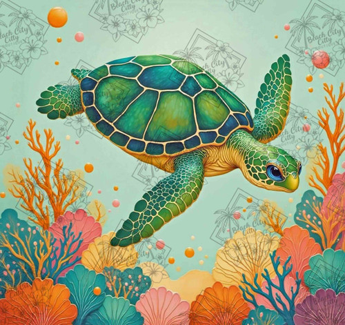 sea turtle swimming over coral reef underwater crystal diamond painting illustration by Kelly Reins