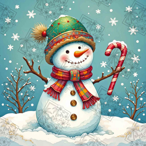 cute snowman wearing scarf and hat holding candy cane winter Christmas crystal diamond painting illustration by Kelly Reins