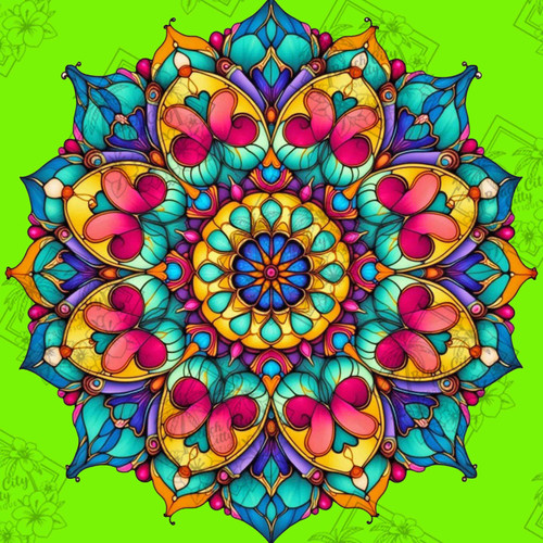 colorful symmetrical heart mandala pattern crystal diamond painting illustration by Kelly Reins