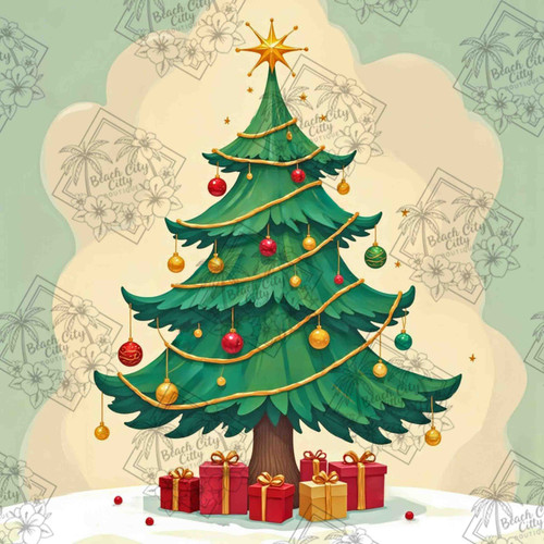 decorated Christmas tree with ornaments star and presents holiday crystal diamond painting illustration by Kelly Reins