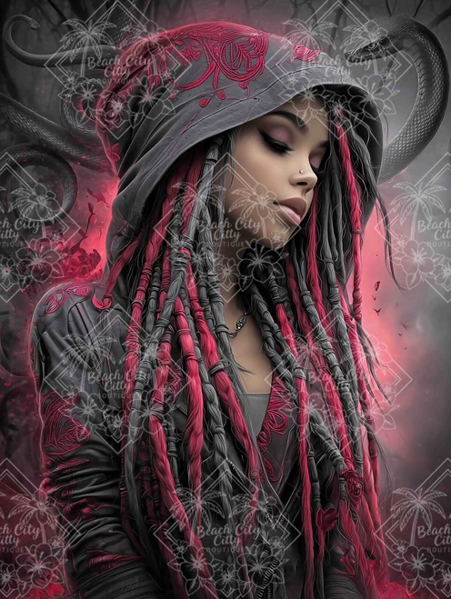 dark gothic woman with red dreadlocks and snakes in forest, mystical witch portrait fantasy art by Sweet Loco AI