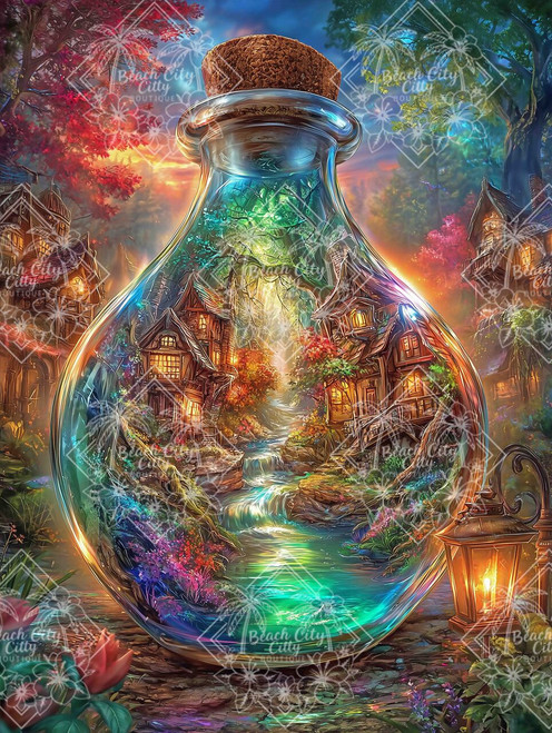 fantasy village inside glass potion bottle with glowing forest path and magical cottages