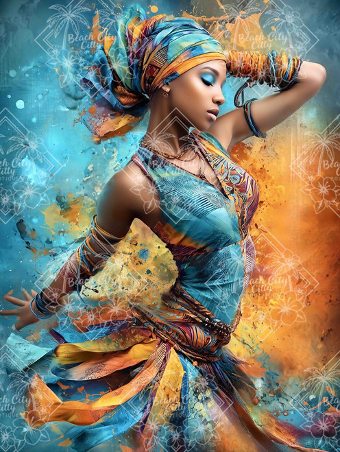 elegant dancer in flowing turquoise and gold fabric surrounded by colorful abstract energy fantasy artwork