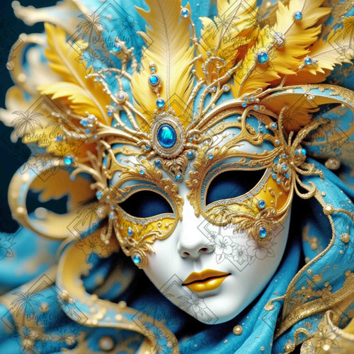 blue and gold masquerade mask with yellow feathers ornate filigree and bright jewel accents