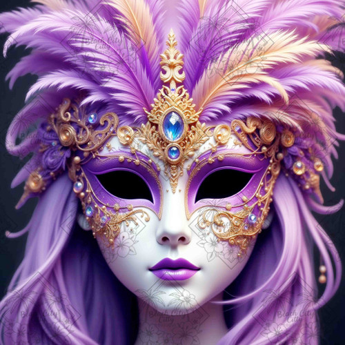 purple masquerade mask with lavender feathers jeweled crown and ornate gold details
