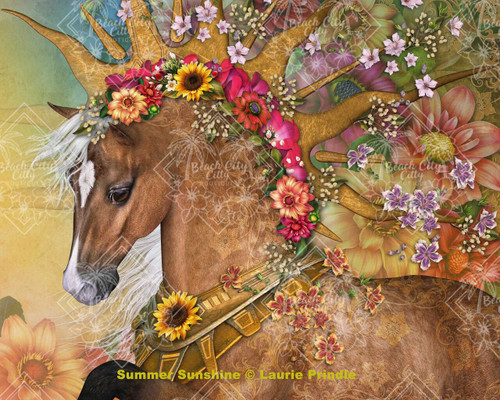 Chestnut horse with sunflower and floral crown, golden tones, flowing mane, and warm glowing background