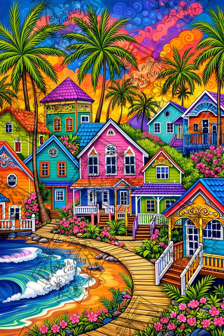Bright tropical seaside village with colorful cottages, palm trees, pink flowers, boardwalk, and ocean waves at sunset.