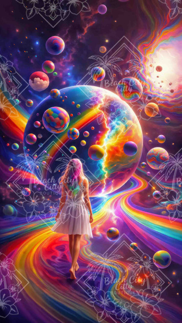 Girl walking on a rainbow path toward a glowing cosmic planet surrounded by colorful spheres and swirling galaxy light