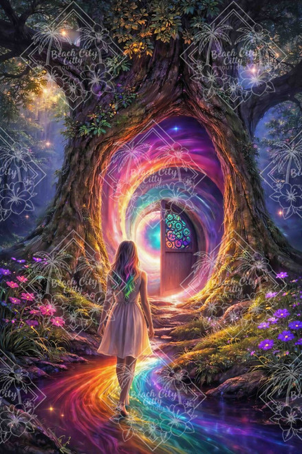 Girl walking toward a glowing rainbow portal inside a large enchanted tree surrounded by flowers and magical forest light